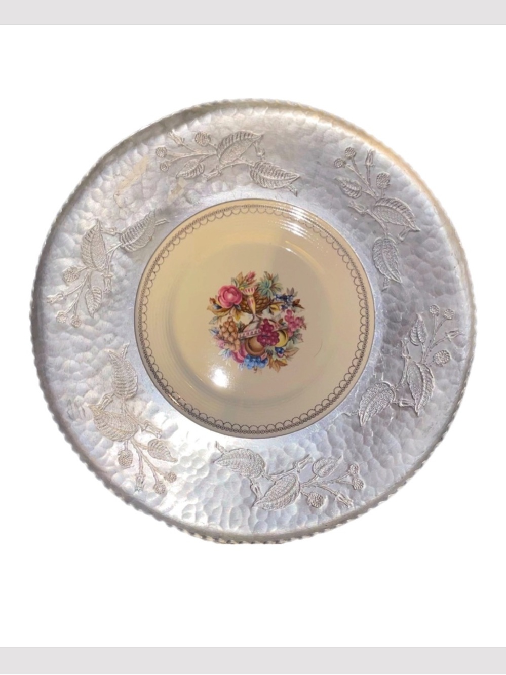 White Gold-22K Limoges porcelain plate framed Farberware wrought tin plate